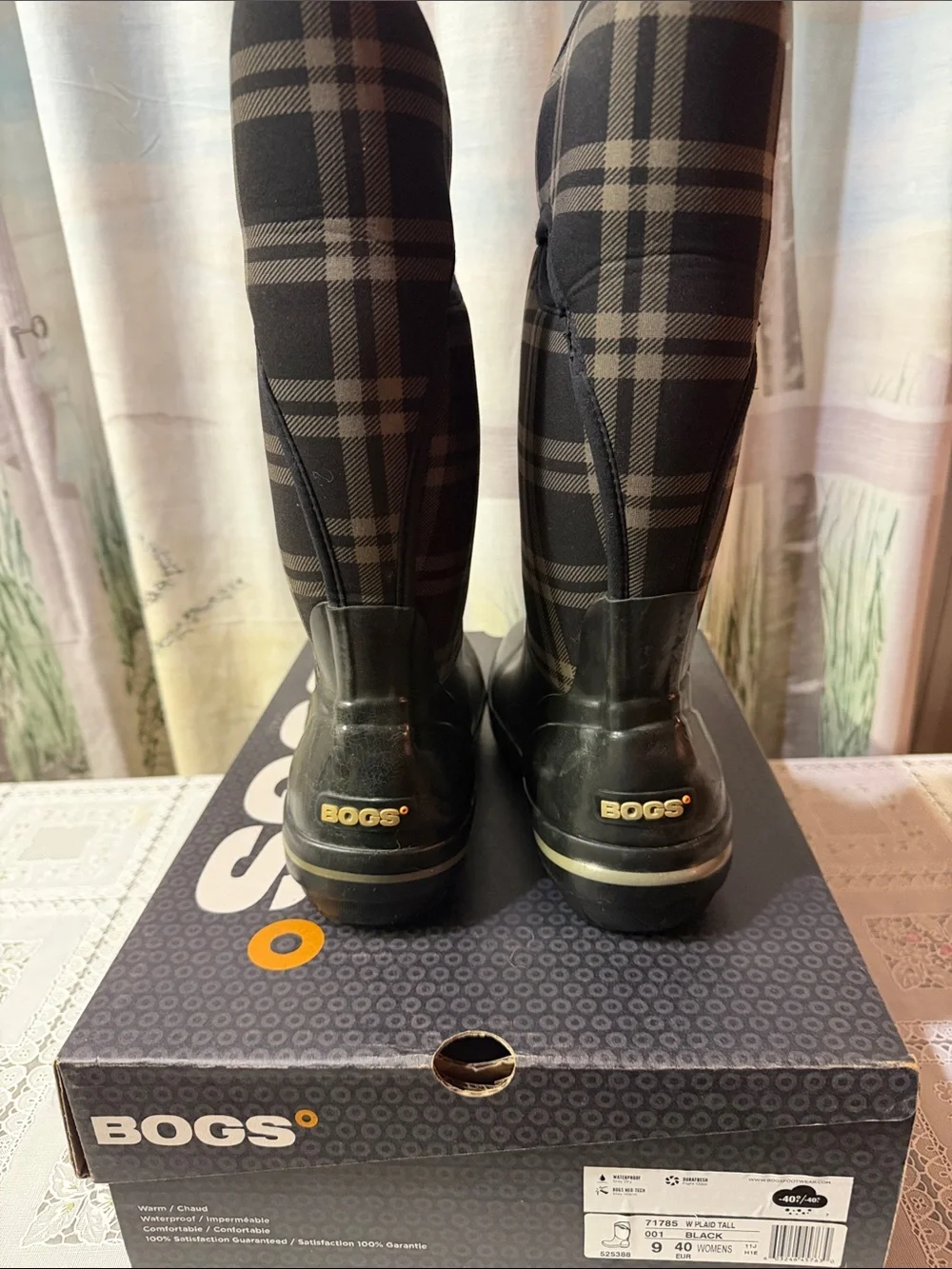 Bogs Women's Black and Grey Plaid Waterproof Snow/Rain Boots